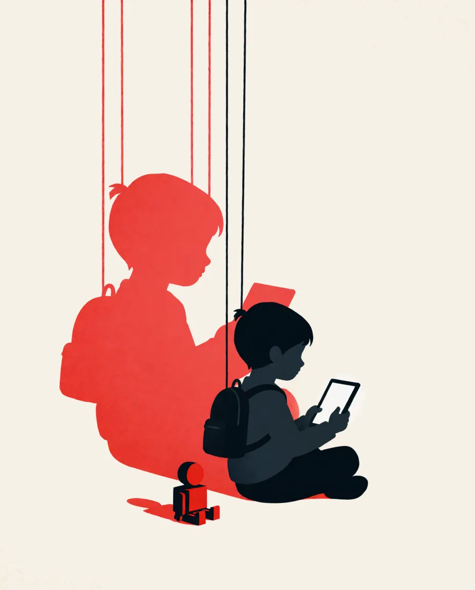 Un bambino col tablet, la sua ombra appesa ai fili come un burattino