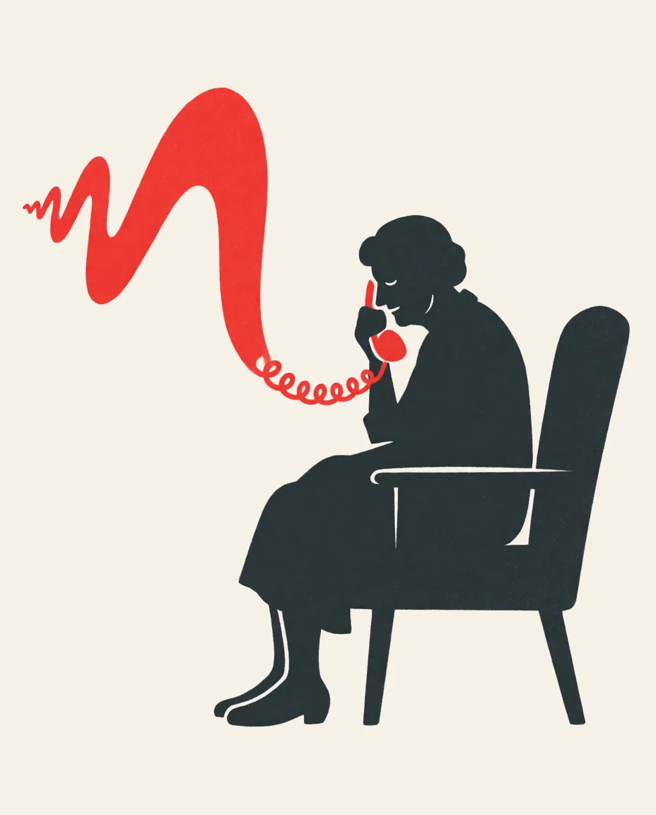 Un’anziana al telefono: il filo diventa un’onda sonora rossa